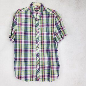 French Connection Men's L Button Down Short Sleeve Plaid Shirt Cotton
